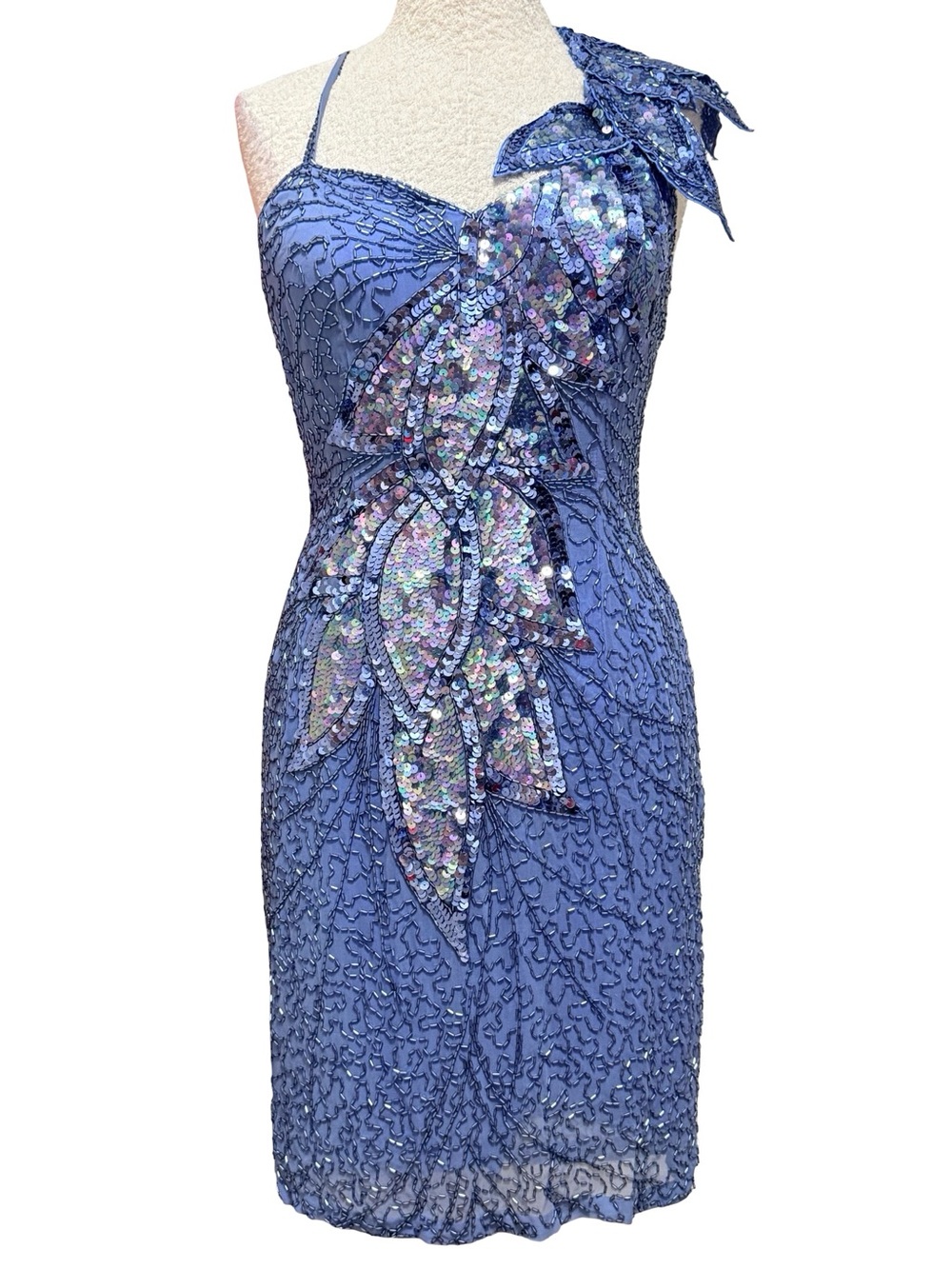 Vintage 80s Niteline Blue One-Shoulder Sequin Leaf Cocktail Dress